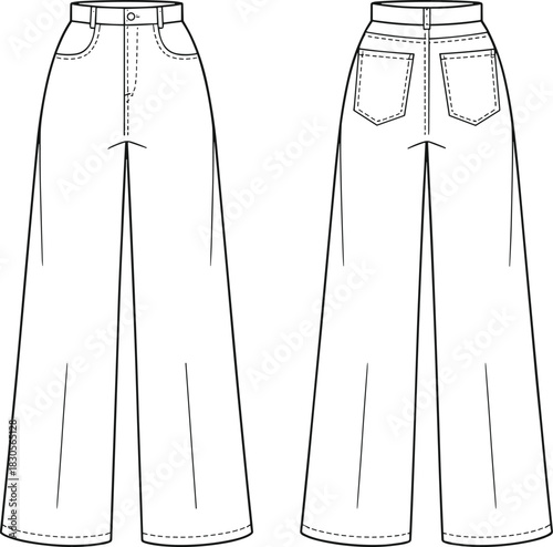 Wide leg pants technical sketch, front and back view, denim trousers template, high waist, stitching details, vector fashion illustration, garment design layout, minimalist outline art.