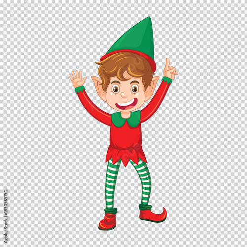 Joyful christmas elf wearing a pointed hat and striped trousers merrily celebrating the festive holiday season