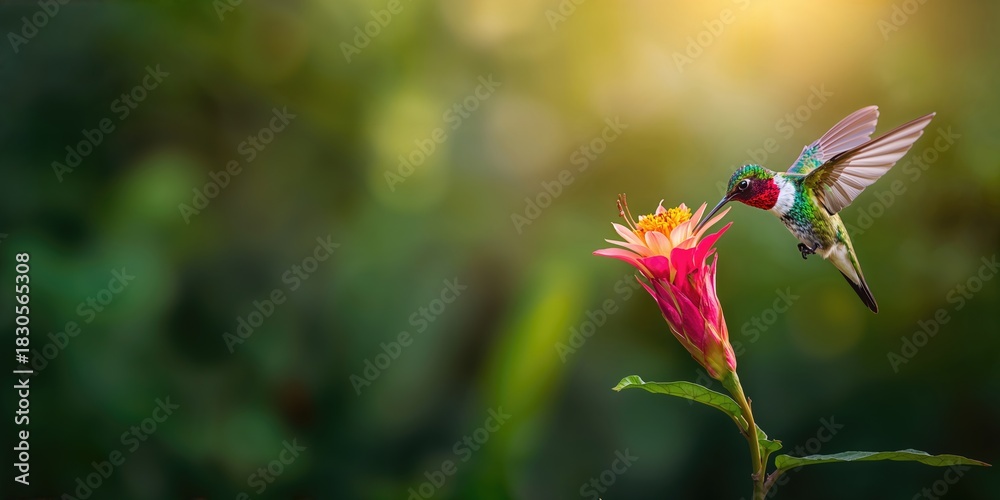 Fototapeta premium Hummingbird feeding on flower in a natural setting, emphasizing wildlife behavior, Earth Day
