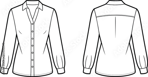 Women button-front blouse sketch, V-neck collar design, long sleeves, back yoke seam detail, minimalist fashion illustration, clothing apparel 
