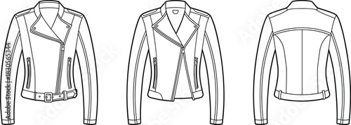 Women biker leather jacket sketch, asymmetrical zip design, belt buckle hem, long sleeve outline, front, side, back view fashion illustration, apparel template, blank designer clothing mockup drawing