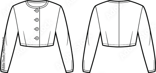 Women cropped jacket sketch, round neck button-front, long sleeve seam outline, front and back view minimalist fashion illustration, casual blazer line-art 