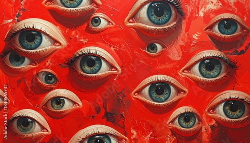 Many Eyes with Surreal Abstract, and Red Background.