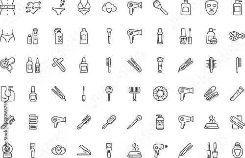 Beauty, skincare, and haircare line icons featuring grooming tools, cosmetics, styling accessories, personal care products, makeup brushes, dryers, and wellness essentials.