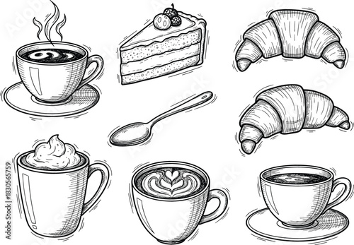 Playful Coffee Shop Doodle Icons, Sweet Treats & Beverages, Black & White Sketch, Isolated
