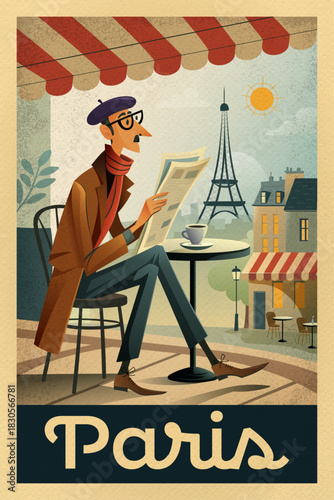 Vintage midcentury style Paris travel poster with a man in beret and coat reading a newspaper at a cafe
