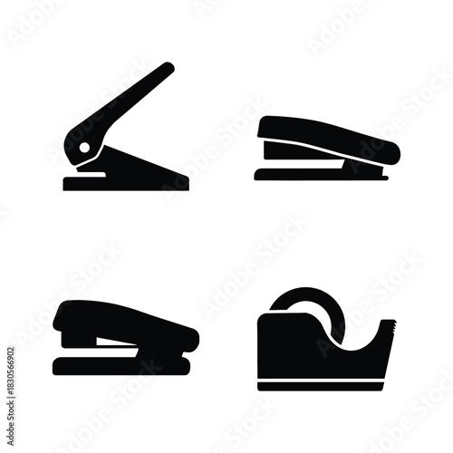Four Black Silhouettes of Office Stationery Items on White hole punch stapler