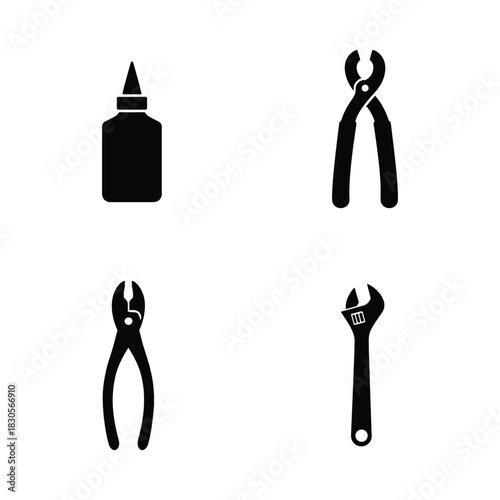 Four Black Silhouettes of Tools Including Pliers and Wrench adjustable wrench