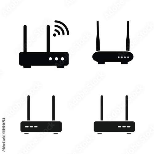Four Black Wireless Router Icons With Antennas And Indicator Lights illustration