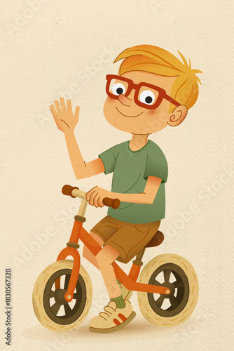 Retro vintage style illustration of a smiling boy on a balance bike, waving his hand.