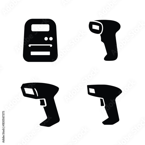 Set of four black icons including a cash register and three barcode scanners technology
