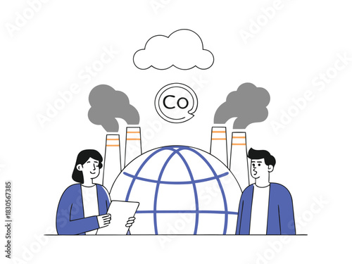 Environmental pollution illustration with factories smokestacks earth and carbon dioxide emissions concept