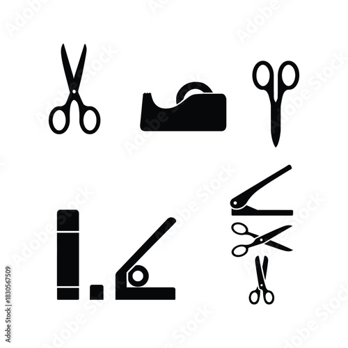 Six Black Silhouettes of Stationery and Cutting Tools on White scissors tape dispenser