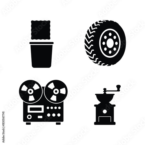 Vintage Reel To Reel Player Tire Coffee Grinder Icons Set sponge
