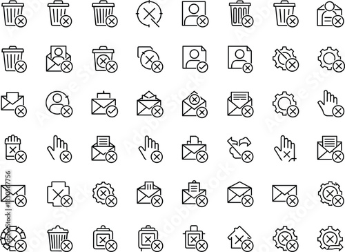 Collection of delete, remove, cancel, and reject action icons featuring trash bins, envelopes, user profiles, settings, and hand gestures in clean vector style.