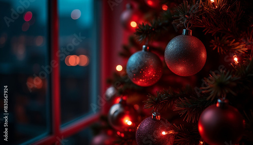 christmas tree decorations at the night closeup looking with red lights