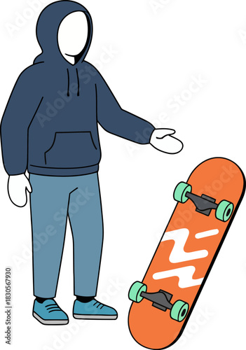 illustration of a stylized human figure and a skateboard