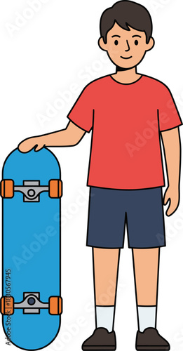illustration of a young male figure and a blue skateboard