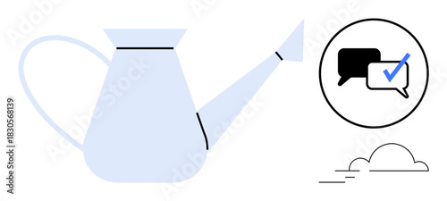 Watering can with dialogue boxes check mark symbol and cloud elements. Ideal for communication growth environmental topics teamwork collaboration education sustainability gardening