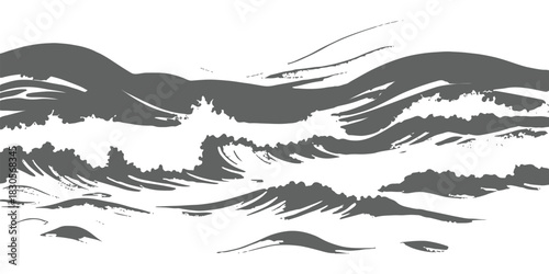 Dynamic ocean waves graphic, stylized grayscale water movement illustration