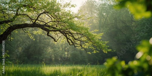 Fototapeta Naklejka Na Ścianę i Meble -  Morning scene in a park with flowers and sky, emphasizing summer travel and lush nature, tree, landscape, building, garden, greenery