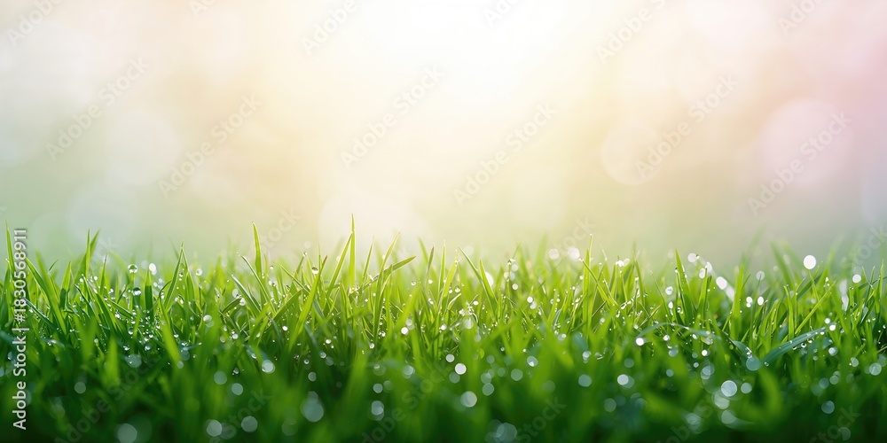 Fototapeta premium Close up of vibrant green grass with dew drops, emphasizing freshness for a spring morning, Earth Day