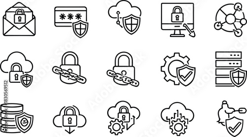 Comprehensive cybersecurity protection icon set featuring locks, shields, cloud security, encrypted servers, data safety, system protection, and secure network technology elements.