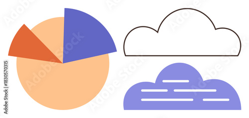Pie chart with segmented data and two distinct cloud shapes suggesting data storage, sharing, and analysis. Ideal for technology, business, cloud computing, research, analytics, statistics