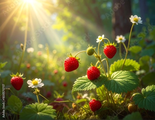 Sun-Kissed Strawberries and Blossoms in a Forest Meadow, a Taste of Summer