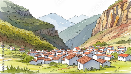 Vibrant watercolor hand drawn illustration of a picturesque mountain village nestled in a serene valley