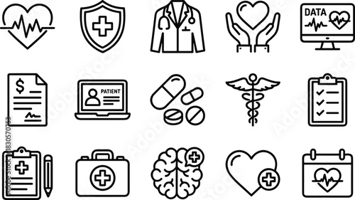 Comprehensive medical healthcare icon set featuring doctor tools, patient data, heart care, medication, diagnostics, protection, and treatment symbols for modern digital use.