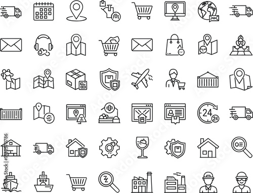 Comprehensive logistics, delivery, location, tracking, shipping, warehouse, transportation, and supply chain management icon set designed for modern business and e-commerce visuals.