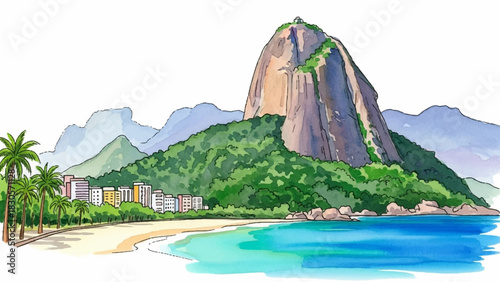 Vibrant coastal beach landscape watercolor, hand drawn illustration featuring majestic mountains and tropical palm trees