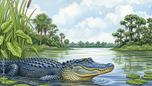 A detailed watercolor hand drawn illustration of an alligator swimming in a vibrant swamp landscape