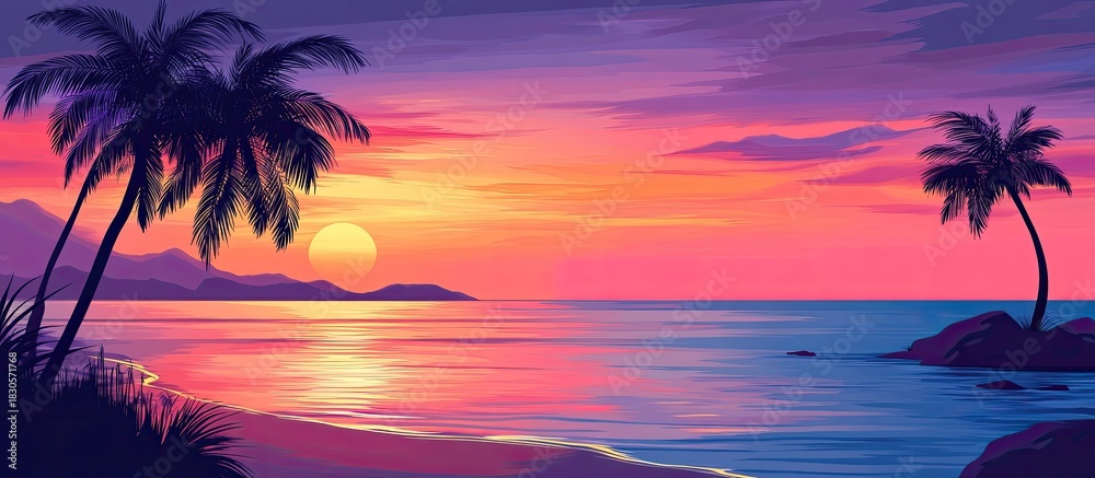 Fototapeta premium Colorful Sunset Over Ocean with Palm Trees and Reflective Water