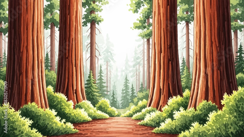 A Vibrant Watercolor Hand Drawn Illustration of a Peaceful Forest Path Lined with Ancient Redwood Trees