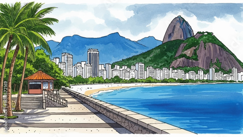 Beautiful hand-drawn watercolor illustration of a tropical coastal city with mountains, beach, and palm trees