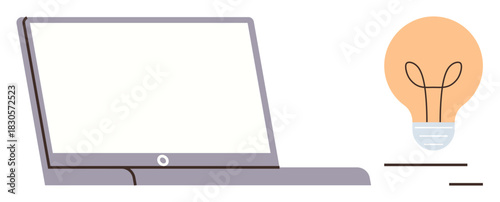 Open laptop alongside a glowing lightbulb representing creativity, innovation, and productivity. Ideal for technology, brainstorming, remote work, learning, problem-solving, digital design