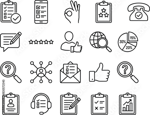 Customer feedback icons set featuring ratings, checklists, communication tools, support symbols, analytics elements, quality approval gestures, and review evaluation graphics.