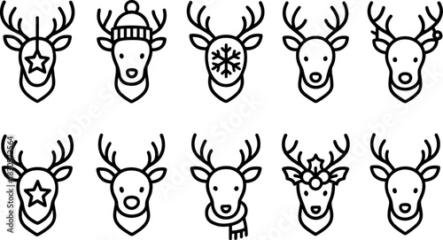 Reindeer icons set. Christmas deer, winter wildlife outline illustrations