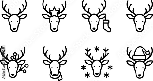 Reindeer icons set. Christmas deer, winter wildlife outline illustrations
