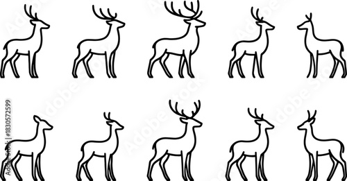 Reindeer icons set. Christmas deer, winter wildlife outline illustrations