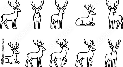 Reindeer icons set. Christmas deer, winter wildlife outline illustrations