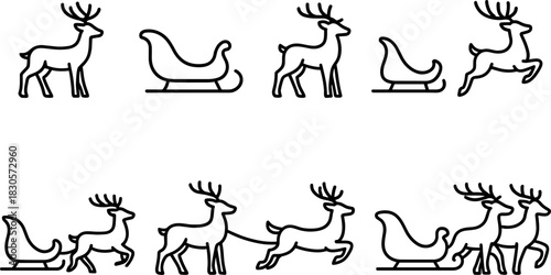 Reindeer icons set. Christmas deer, winter wildlife outline illustrations