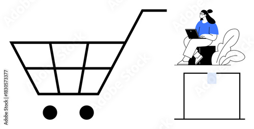 E-commerce concept. E-commerce graphic shopping cart and digital work. E-commerce promotes convenient online shopping, remote work, and digital marketplaces. Great for retail, technology, education