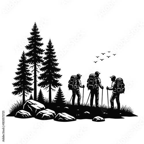 Trekking Team Pine Forest Silhouette Hiking Group