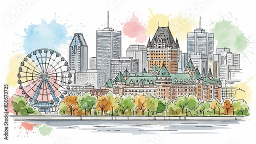 A charming watercolor hand-drawn illustration capturing the scenic beauty of a majestic cityscape, showcasing iconic architecture and vibrant urban life