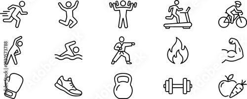 Healthy lifestyle fitness icon set featuring exercise activities, workout equipment, sports actions, nutrition elements, and wellness symbols in clean modern vector style.
