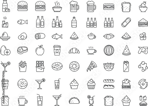 Large collection of food and beverage line icons featuring snacks, drinks, desserts, fruits, meals, and kitchen essentials for modern vector designs.
