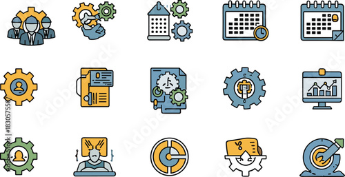 Business Management and Workflow Icons: Teamwork, Strategy, Task Planning, Project Scheduling, Performance, and HR Development